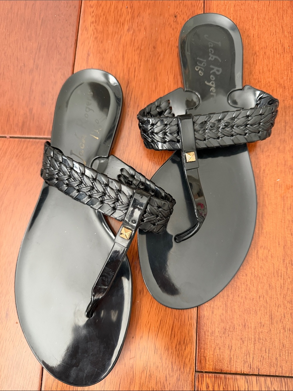 Jack Rogers Black Gloss Braided Thong Jelly Sandals